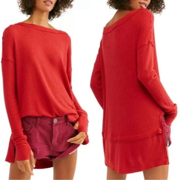 FREE PEOPLE We The Free Red Waffle Knit Very Oversized Thermal Top Size Small - Picture 1 of 10